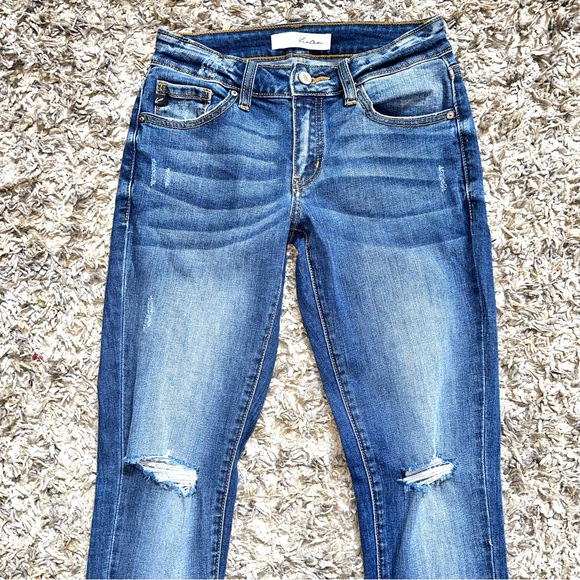 KanCan Women’s 3/25 Distressed Blue Denim Skinny Jeans Raw Hem Low Rise Stretch - Picture 2 of 8